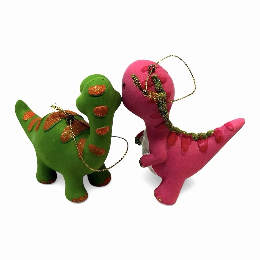 Pink T-Rex & Green Brontosaurus Dinosaur Christmas Tree Ornaments‎ - Lot of (2)
